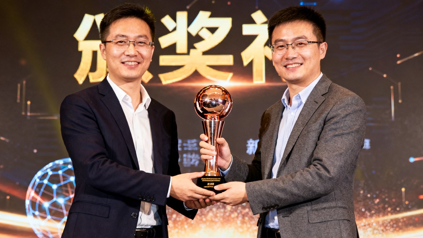 新球体育团队在颁奖典礼上领取人工智能体育应用创新奖奖杯