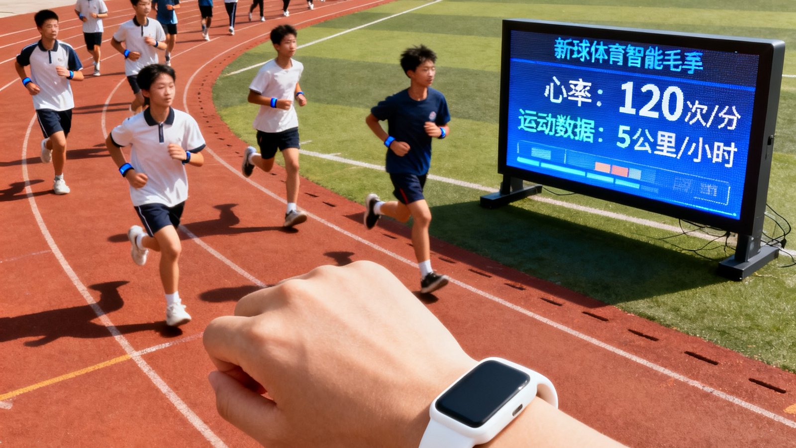 一所中学的体育课上，学生们佩戴新球体育智能手环在操场上跑步，跑道旁的电子屏实时显示每个人的心率和运动数据
