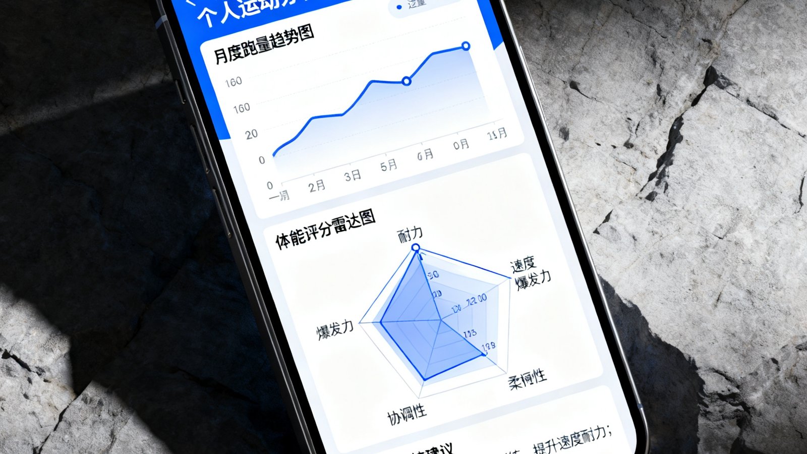 手机屏幕上展示大众运动大数据平台的个人运动分析报告，包含月度跑量趋势图、体能评分雷达图和个性化训练建议